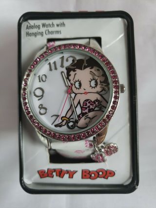 Betty Boop Analog Watch With Rhinestones And Hanging Charms Collectors Tin