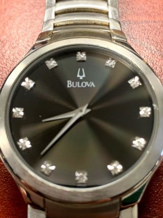 Bulova Mens Quartz Watch Diamond Silver Toned Black Dial Watch