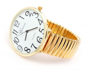 Gold Large Size Round Face Stretch Band Easy to Read Geneva Women ' s Watch 2
