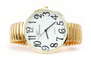 Gold Large Size Round Face Stretch Band Easy to Read Geneva Women ' s Watch 3