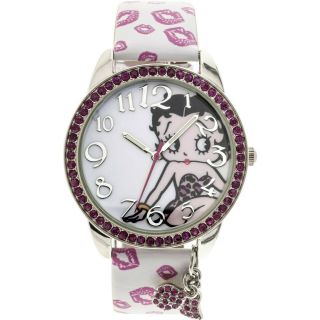 Betty Boop Adult Analog Watch White Pink Heart W/ Charms Lipstick Kisses On Band