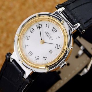 Authentic Hermes Paris Clipper Date White Dial Gold Plated Quartz Mens Mid Watch