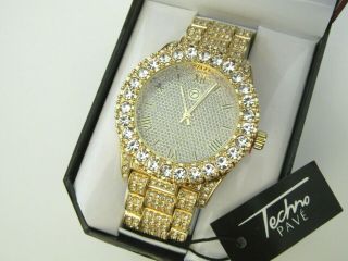 Techno Pave Mens Yellow Gold Color Hip Hop Watch With Cubic Zirconia Stones 8719
