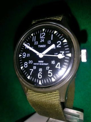 Vintage Timex Camper Watch Olive Green Nylon Band Military 24 Dial.  Mens Windup.