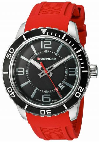 Nwt $195 Wenger Roadster Black Dial Red Silicone Strap Men 