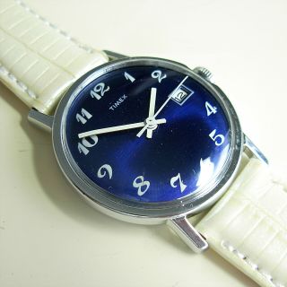 Vintage 1973 Blue Dial Timex Mercury Men’s Watch - White Band