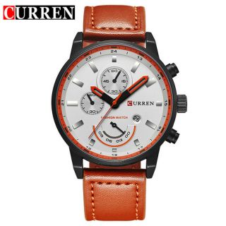 Fashion Curren Mens Stainless Steel Date Quartz Brown Leather Sport Wrist Watch