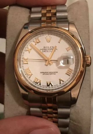 Rolex Watch Mens Datejust 116203 18k Yellow Gold And Steel White Roman Dial