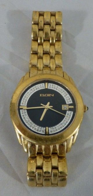 Elgin Fg285n Gold Tone Stainless Steel Crystal Accent Dress Wristwatch