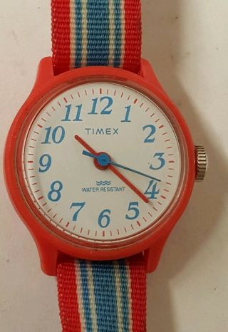 Rare Vintage Womens Timex Mechanical Windup Red White And Blue Watch.  Runs.