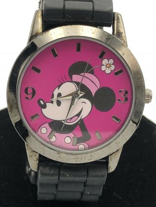 Disney Minnie Mouse Watch All Black Hot Pink Pie Eye Accutime Children Women’s