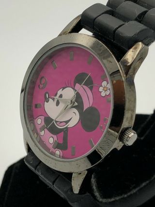 Disney Minnie Mouse Watch All Black Hot Pink Pie Eye Accutime Children Women’s 2