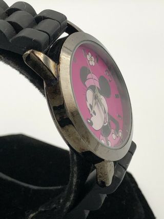 Disney Minnie Mouse Watch All Black Hot Pink Pie Eye Accutime Children Women’s 3