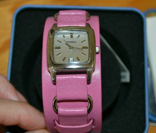 Fossil Silver Watch In Tin Pink Leather Strap Old Stock Quartz