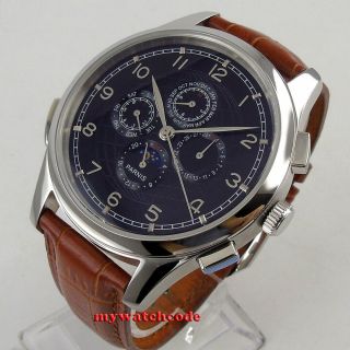 44mm Parnis Black Dial Blue Marks Moon Phase Multifunction Automatic Mens Watch