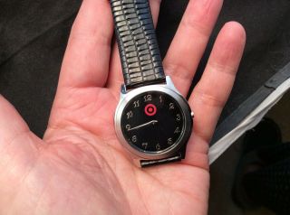 Quartz Watch With Red Target On Black Face And Black Leather Band Work