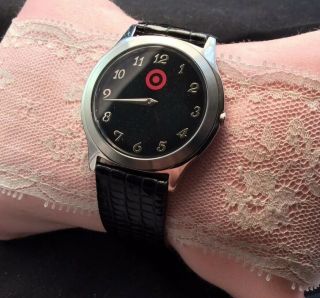 Quartz Watch With Red Target On Black Face And Black Leather Band Work 3