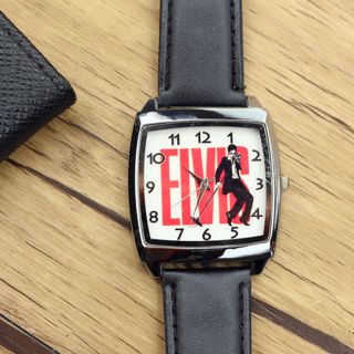 Elvis Presley King Of Rock Music Leather Quartz Steel Square Wrist Watch Black