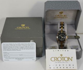 1980s Nos Croton Aquamatic Quartz Stainless Steel Gold 2 Tone Bracelet Watch