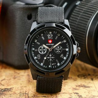 Military Analog Mens Watch Wristwatch Sport Swiss Army Quartz Canvas Black
