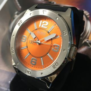 Mens Hugo Boss Designer Watch S.  Steel 1512898 Orange Dial Black Strap
