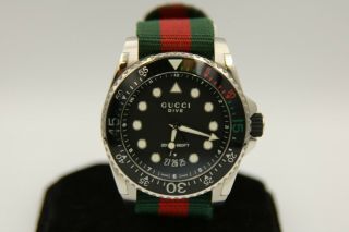 Gucci Dive 200m/660ft Watch With Green And Red Nylon Band