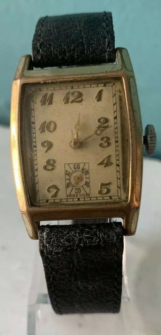 Vintage 1930s Art Deco Men’s Wristwatch Gold Plated Case 15 Jewel Swiss Made