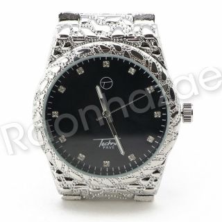 Men Iced Bling 14k White Gold Plated Hip Hop Nuggets Black Face Watch F20gs