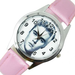 Justin Bieber Music Star Singer Stainless Steel Pink Leather Band Round Cd Watch