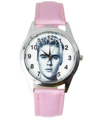 JUSTIN BIEBER MUSIC STAR SINGER Stainless Steel PINK LEATHER BAND ROUND CD WATCH 2