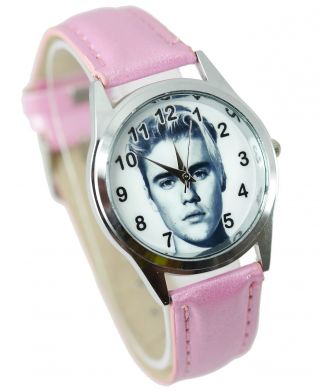 JUSTIN BIEBER MUSIC STAR SINGER Stainless Steel PINK LEATHER BAND ROUND CD WATCH 3