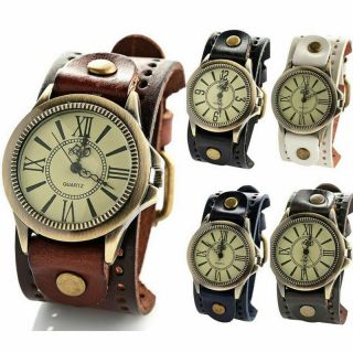 Vintage Mens Womens Steampunk Watches Wide Leather Wristband Bracelet Cuff Hot F
