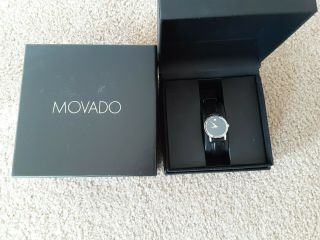 Movado Silver And Black Museum Watch W/black Leather Band For Women