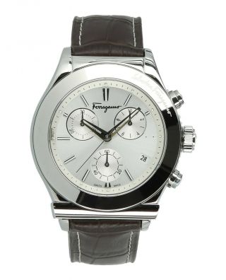 $1695 Salvatore Ferragamo Mens Polished Silver 42mm Chronograph Watch Sfh600118
