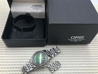 Rare Oris Automatic Watch 7463c 654 Pointer Date Big Crown Green Links