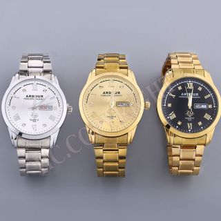 Zd - Ardour 18k Gold Plated Silver Stainless Steel Men Day Date Casual Wrist Watch