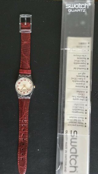 Ladies Vintage Swatch Watch 1993 Clear Back,  Leather Strap.  Boxed