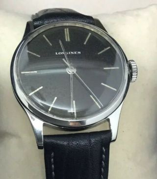 Rare 1950s Longines Black Face Stainless 12 68zs 17j Mens Watch Serviced