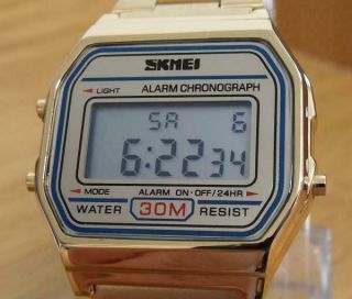 Mens Vintage Retro Style Gold Steel LCD Digital Alarm Chrono Sports Watch 2