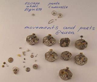 Vintage 8 Movements And Parts Gruen,  Parts Elgin And Caravelle Wristwatches