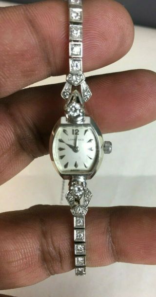 Art Deco High Crt Diamond Watch Set In 14ksolid Gold Case Band Swiss Longines