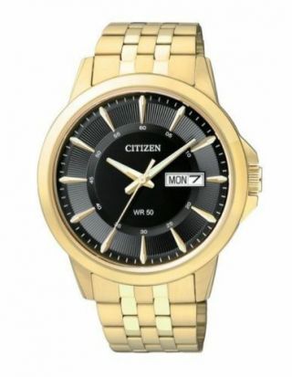 Mens Citizen Quartz Gold Tone Stainless Black Dial Day And Date Watch Bf2013 - 56e