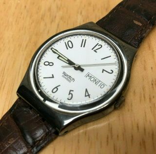Vintage Swatch Swiss Mens Leather Analog Quartz Watch Hours Day Date Battery