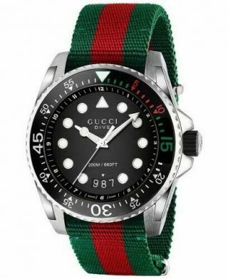 ✅ Gucci Ya136209 Dive Swiss Black Dial Green And Red Nylon Strap Men 