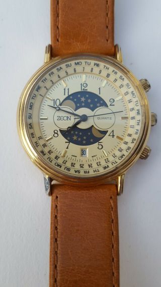 Zeon Mens Vintage Moon Phase Quartz Watch 34cmm Case 7761