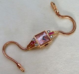 Vintage Bulova 14k Rose Gold Ruby & Diamond Retro Snake Bracelet Watch Runs Well