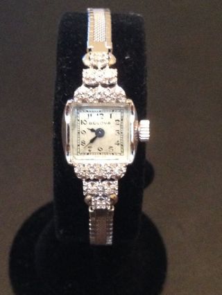 Vintage Ladies Bulova 14k White Gold And Diamond Watch