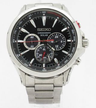 Mens Seiko Solar Ssc493 Chronograph Black Dial Stainless Steel 45mm Watch