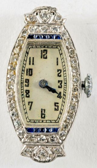 Art Deco Platinum Diamonds Sapphires 15 Jewels Ladies Wristwatch Hidden Lugs