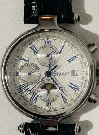 Rare 11316 Stauer Men ' s Watch Automatic Moon Phase Tachymeter Leather Band 2